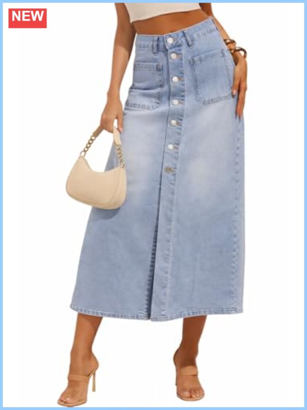 High Waist Button Down Denim Midi Skirt Slit Pockets